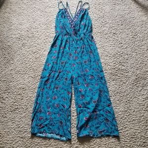 Teal floral wide leg jumpsuit
